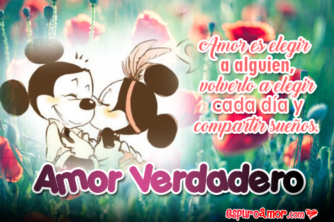 Tarjeta HD con Frase de Amor Verdadero con Imagen de Mickey y Minnie para Dedicar